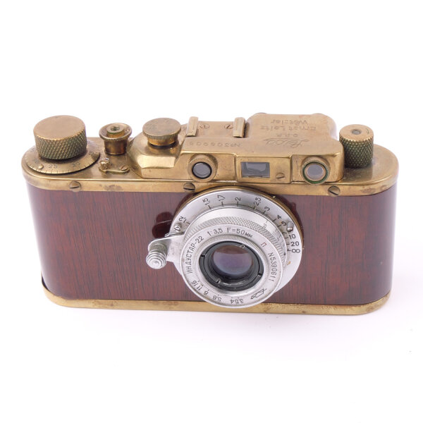FED Zorki 1 Gold Wood w. Industar 3,5/50mm USSR Leica Copy NOTTESTED